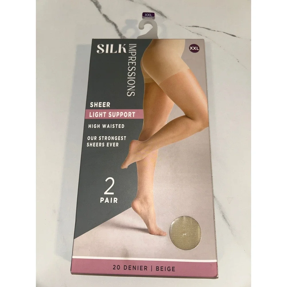 Silk Impressions 2Pr Sheer Light Support Pantyhose Beige High Waisted 20 Denier